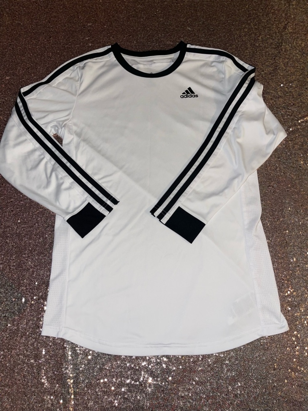 Adidas White Long Sleeve Performance Tee with Black Stripes